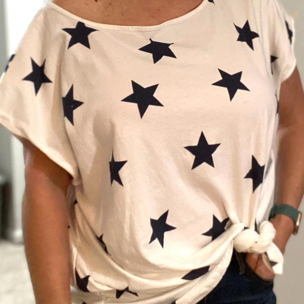 A.T.U.N Women's Tunic Top White Blue Stars 100% Cotton